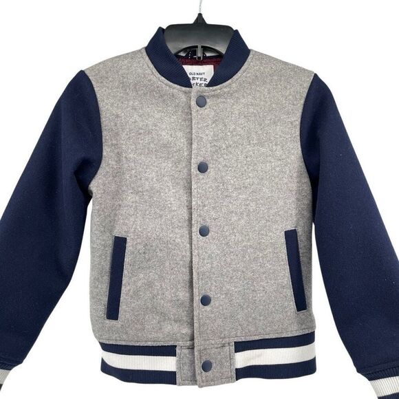Old Navy Boys Snap-Front Bomber Jacket – Navy/Grey Colorblock, Size 8 Soft Knit - Picture 1 of 16